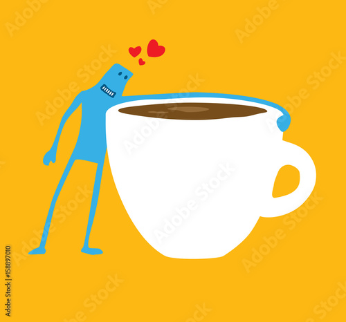 Coffee lover hugging a huge cup