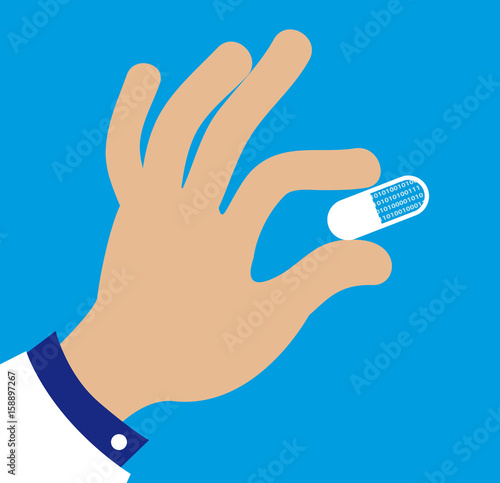 Doctor's hand holding a pill filled with computer code as a metaphor for digital medicine, EPS 8 vector illustration