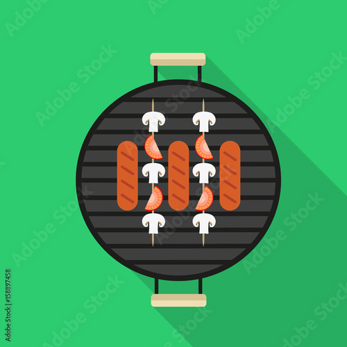 Images of the grill on which fried sausages, mushrooms and tomatoes. View from above. Flat design
