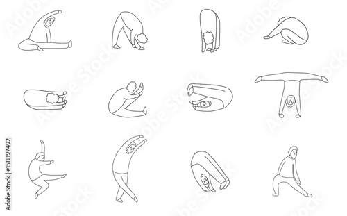 Vector set of stick figure people in sport gymnastic positions. Sportsman flat icons isolated on white background.