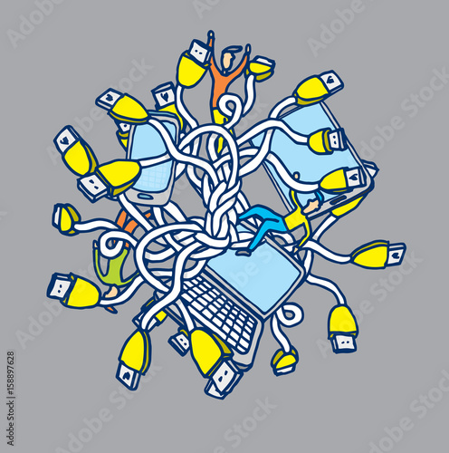 Tangled people among cables and screens