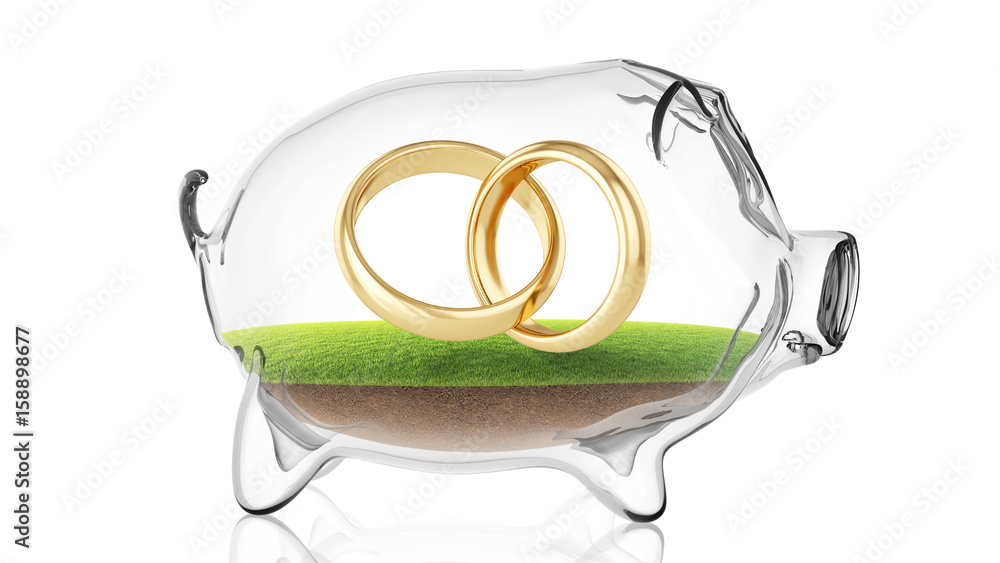 Wedding rings inside transparent piggy bank. 3d rendering Wedding rings inside transparent piggy bank. 3d rendering