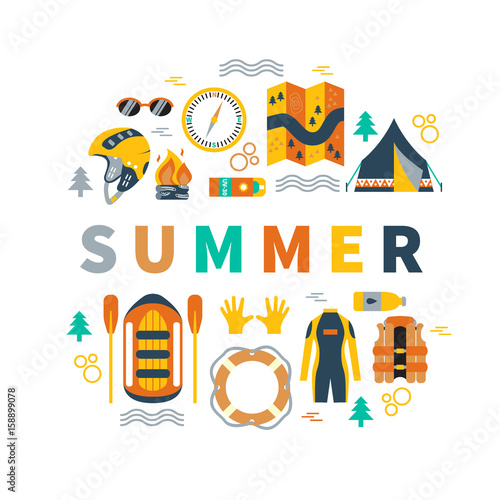 Summer vector illustration with rafting and camping equipment