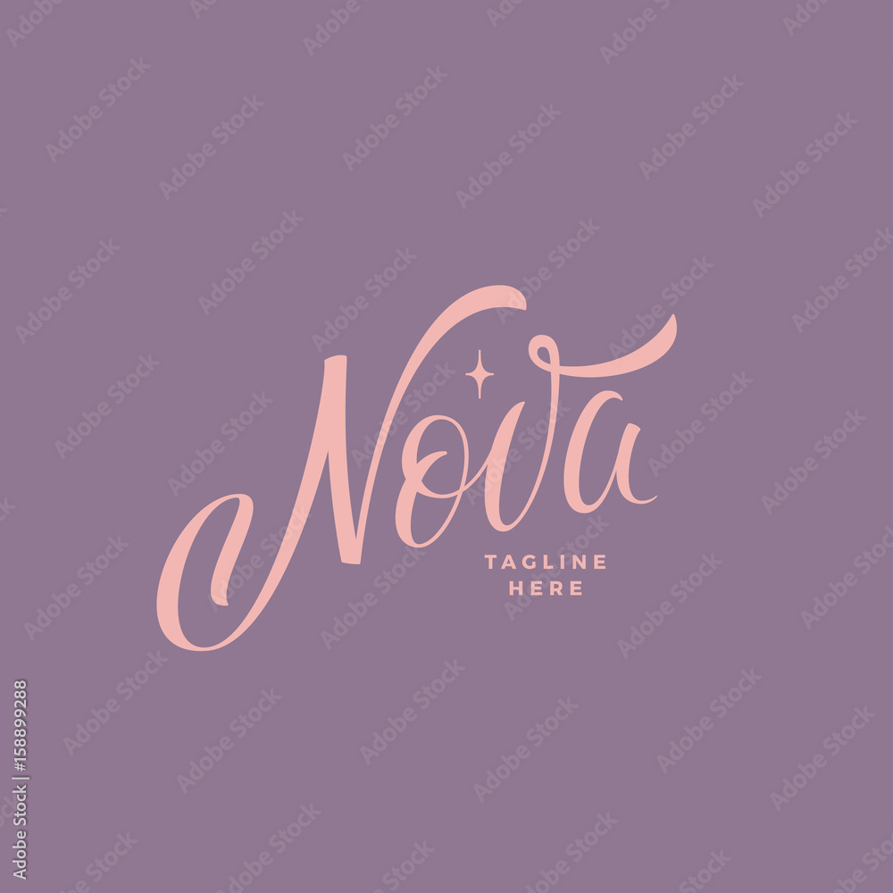 Nova Inscription Abstract Vector Sign, Emblem or Logo Template. Premium Quality Hand Drawn Lettering with Star Silhouette. Pink on Purple Background