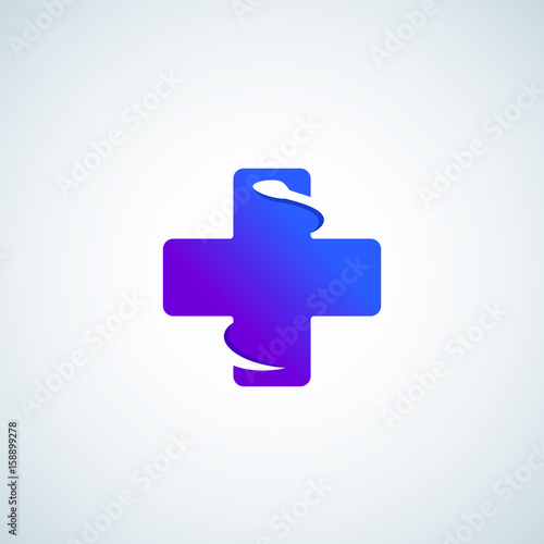 Modern Gradient Plus or Cross with Negative Space Snake. Abstract Vector Sign, Emblem, Icon or Logo Template. Minimalistic Medical Symbol.