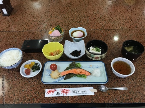 Traditional japanese meal, served on Miyajima island, Japan. photo
