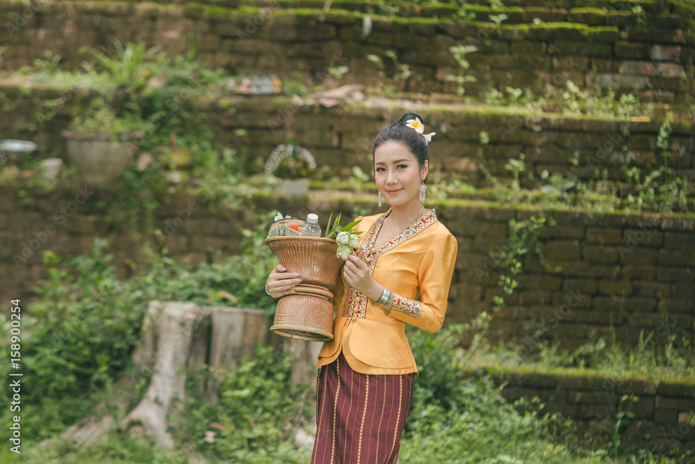 Beautiful Laos Girl In Laos Costume Asian Woman Wearing Traditional Laos Culture At Temple