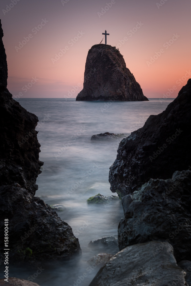 Seashore at sunset. Rock of the holy phenomenon. Fiolent. Crimea