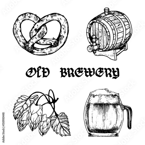 Vector set of old brewery elements. Collection of hand drawn german cuisine and beer symbols. Oktoberfest illustrations.