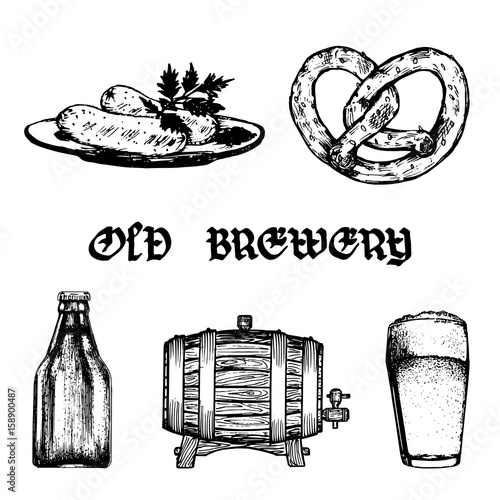 Vector set of old brewery elements. Collection of hand drawn german cuisine and beer symbols. Oktoberfest illustrations.