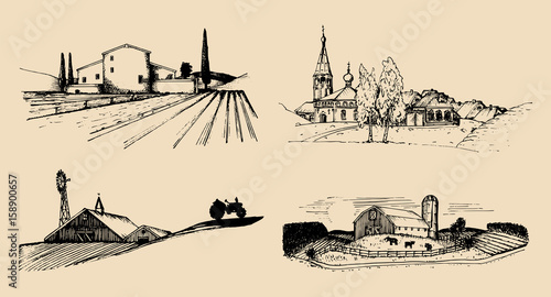 Vector village landscapes illustrations set. Hand drawn russian countryside. Sketches of farm villa,homestead in fields.