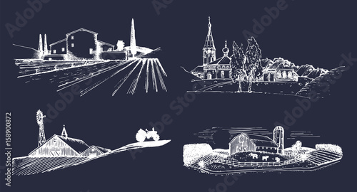 Vector village landscapes illustrations set. Hand drawn russian countryside. Sketches of farm villa,homestead in fields.