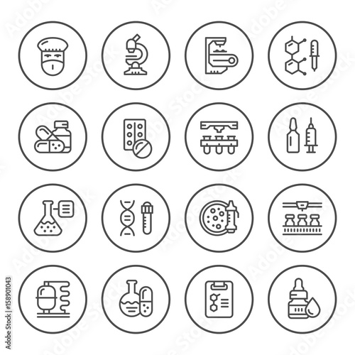 Set round line icons of pharmaceutical industry