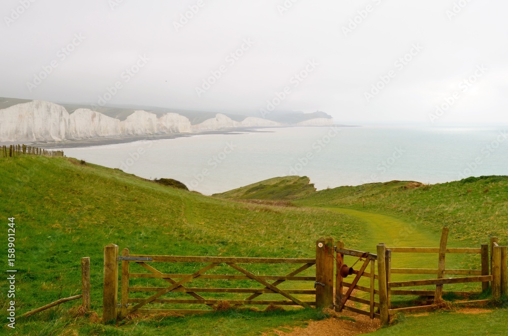 A view to Seven Sisters Cliff in the United Kingdom captured from cattle fence with open door.