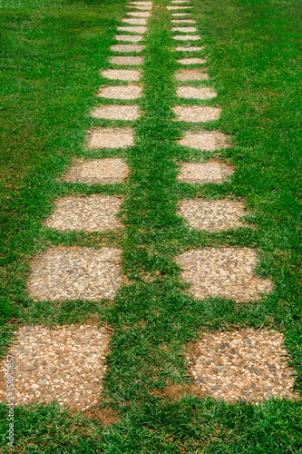 a path of pebbles on a green lawn