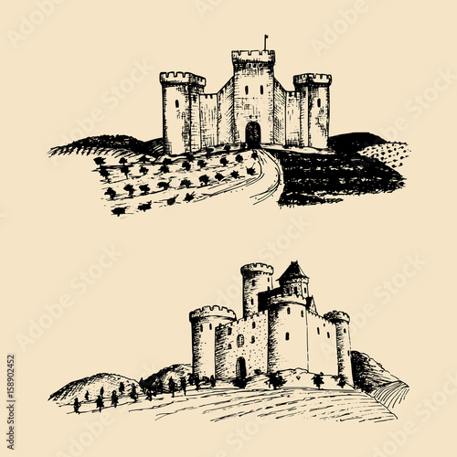 Vector old castles illustrations. Hand drawn sketches of landscapes with ancient towers among rural fields and hills.