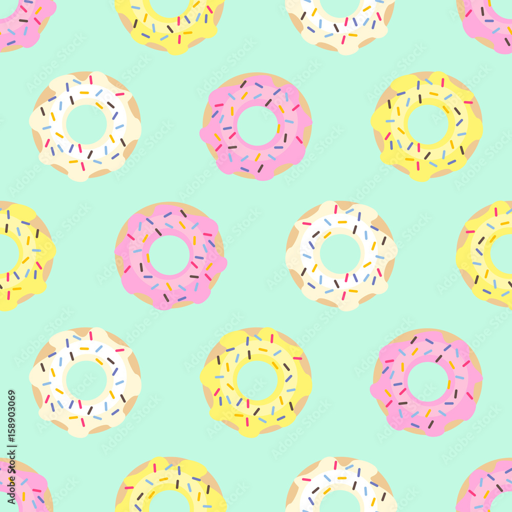 Donuts seamless pattern on mint green background. Cute sweet food background.  Colorful design for textile, wallpaper, fabric, decor. Stock Vector | Adobe  Stock