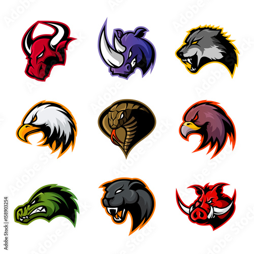 Bull, rhino, wolf, eagle, cobra, alligator, panther, boar head isolated vector logo concept. 
Modern badge mascot design. Premium quality wild animal, bird, snake t-shirt tee print illustration.