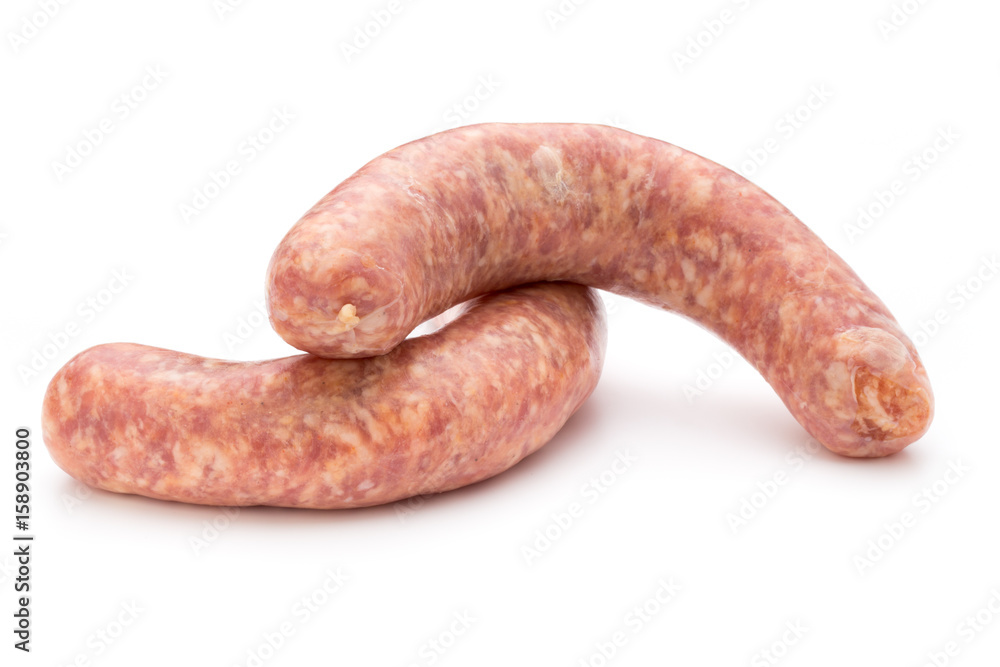 Raw sausage with parsley leaf isolated on white background. Raw sausage with parsley leaf isolated on white background.