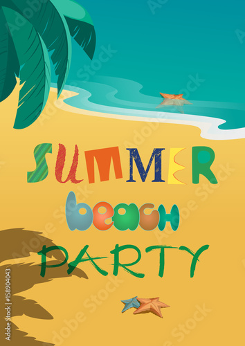 Summer time concept. Hand drawn fancy letters headline. Retro poster style. Design for beach party invitation template. Sea vacation season of fun and rest. Vector summer holiday vintage background