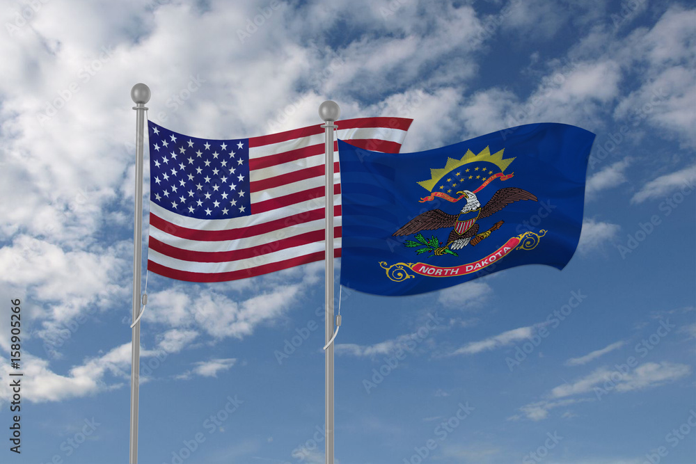 North Dakota and USA flag waving in the sky