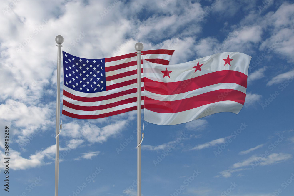 Washington and USA flag waving in the sky