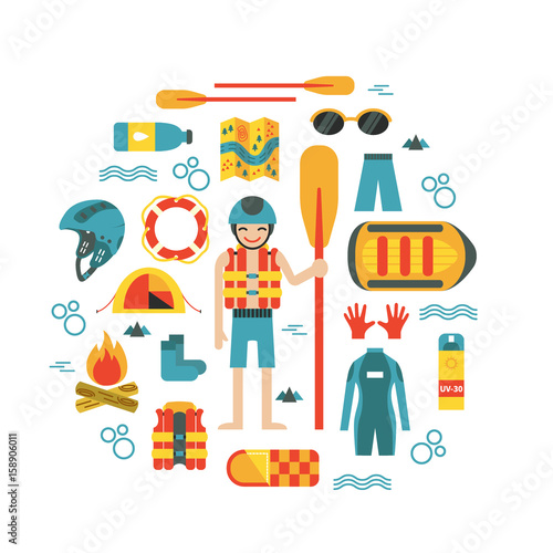 Vector illustration with rafting and camping equipment in flat design