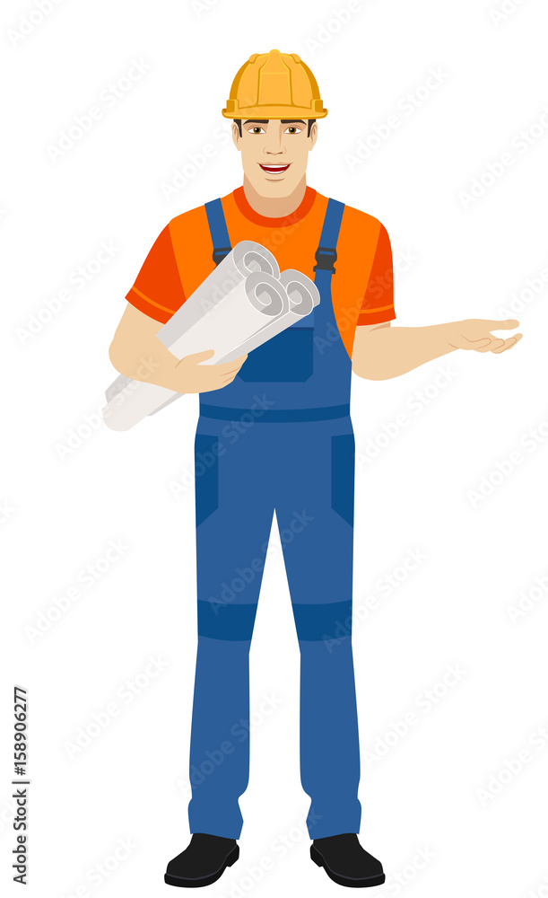 Builder holding the project plans and gesturing Builder holding the project plans and gesturing