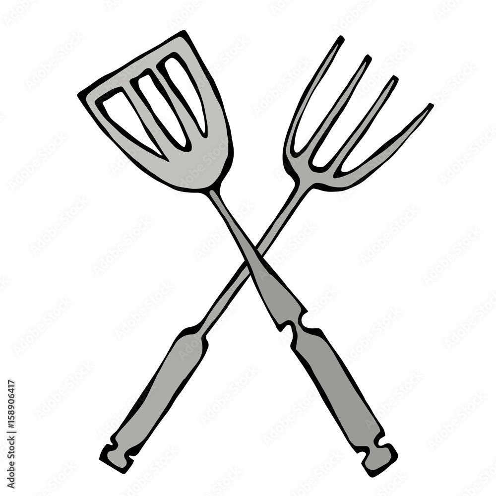 BBQ or Grill Tools Icon. Crossed Barbecue Fork with Spatula. Isolated On a  White Background. Realistic Doodle Cartoon Style Hand Drawn Sketch Vector  Illustration. Stock Vector | Adobe Stock
