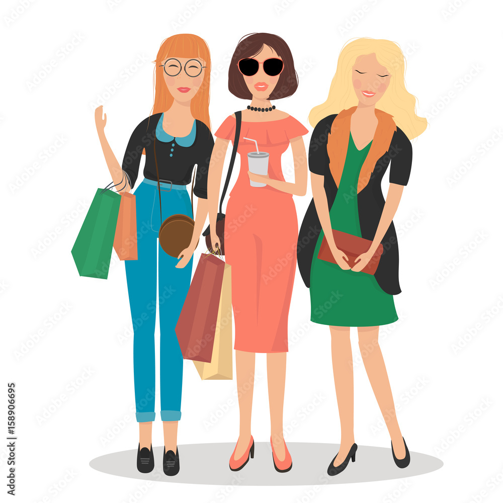 Beautiful woman in fashion clothes with shopping. Women with different personalities and styles on a white background. Flat style vector illustration