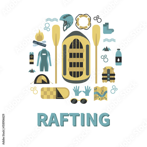 Vector illustration with rafting and camping equipment in flat design