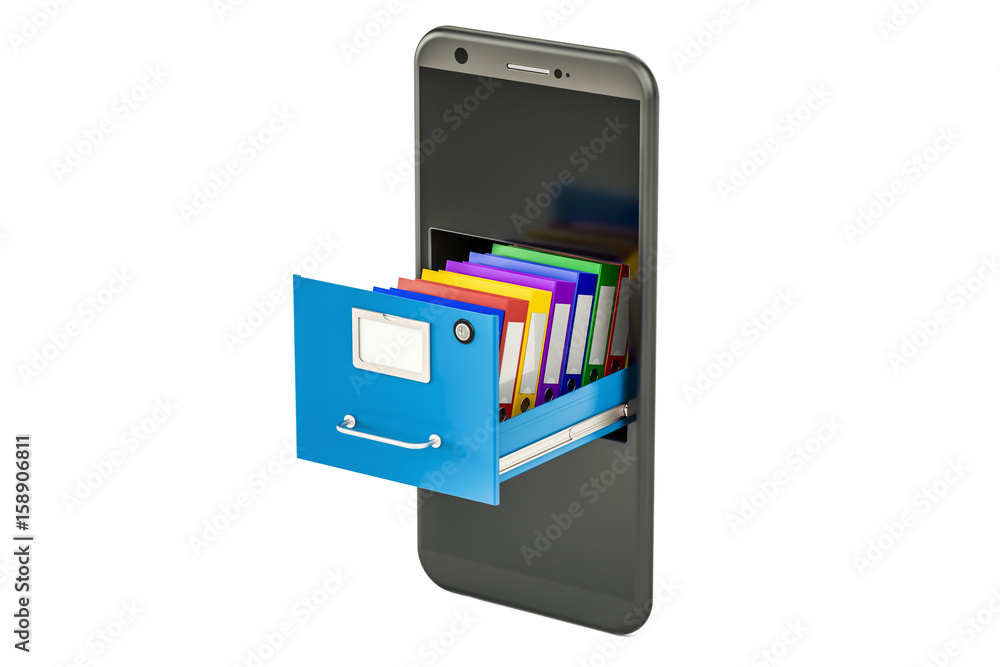 Phone data storage. Smartphone with folders in filing cabinet, 3D rendering Phone data storage. Smartphone with folders in filing cabinet, 3D rendering