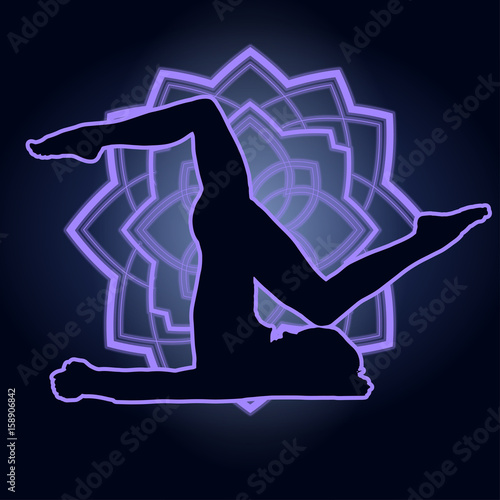 Silhouette of a woman doing yoga exercises. Neon mandala on the background. Vector image.