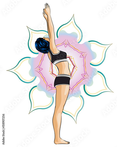 Woman doing yoga exercises. Mandala on the background. Vector image.