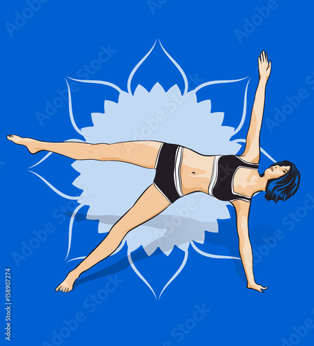 Woman doing yoga exercises. Mandala on the background. Vector image.