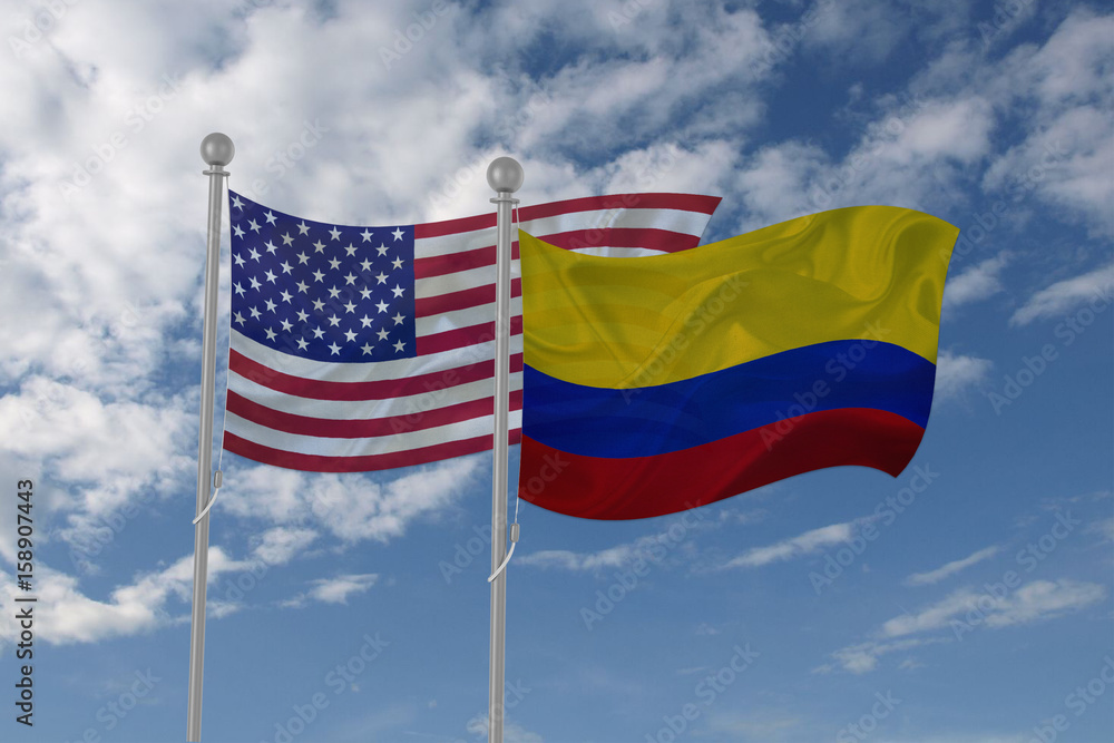 Obraz premium USA and Colombia flag waving in the sky