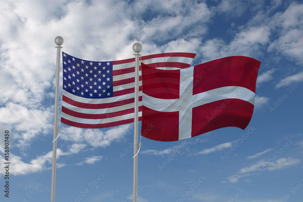 USA and Denmark flag waving in the sky