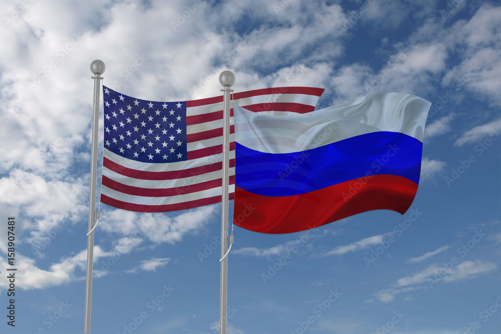 USA and Russia flag waving in the sky