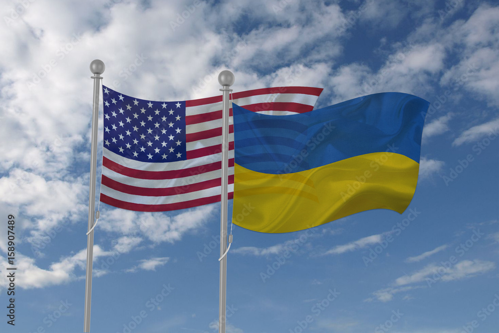 USA and Ukraine flag waving in the sky