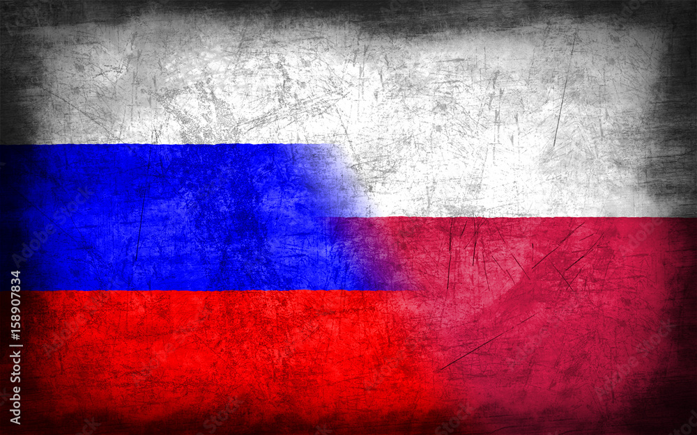Russia and Poland flag with grunge metal texture Russia and Poland flag with grunge metal texture