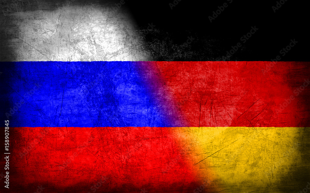Russia and Germany flag with grunge metal texture