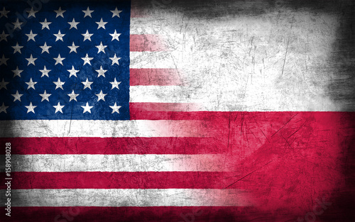 USA and Poland flag with grunge metal texture