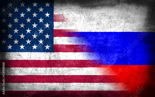 USA and Russia flag with grunge metal texture