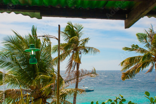 Apo island, Philippines, view on island beach line. Palm trees, sea, lantern and boats. photo