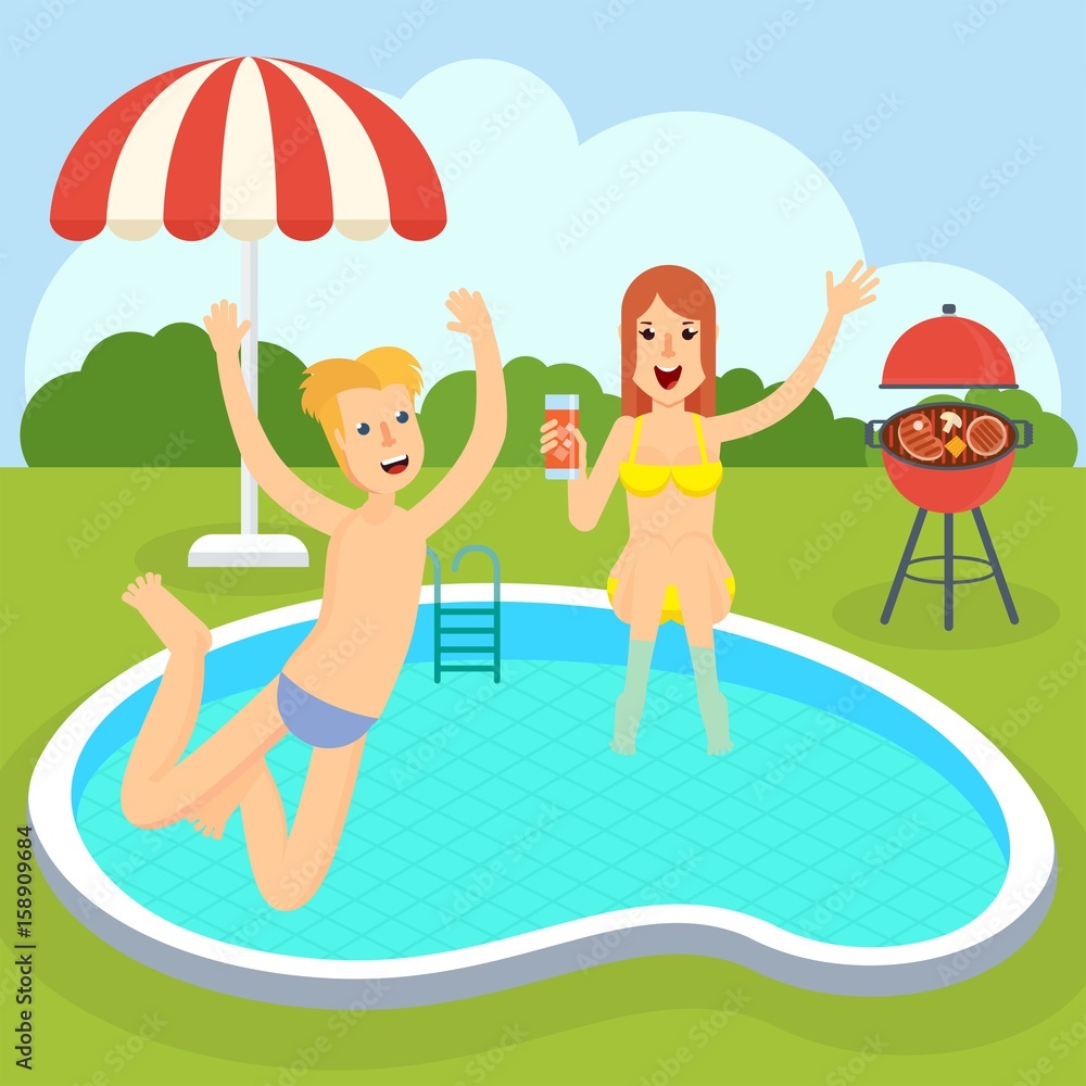 Funny teenagers on picnic near summer swimming pool. BBQ and fresh drink. Flat vector cartoon money illustration. Objects isolated on a white background.