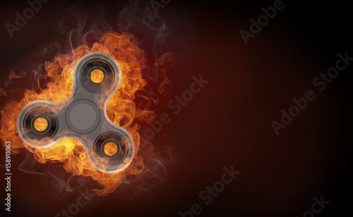 Fidget spinner in fire isolated on black background. Finger spinner burning in fire banner with space for text. Hand spin toy illustration.
