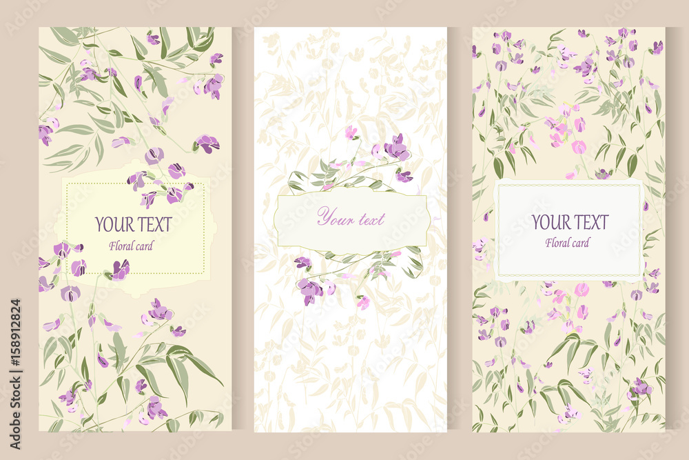 Hand drawn wild flower wedding invitation card set. Invitation card template with floral background. 
