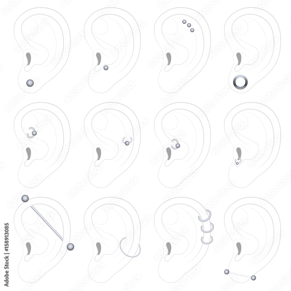 Ear piercing examples twelve different types isolated outline