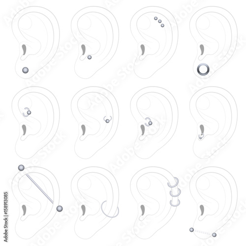 Ear piercing examples - twelve different types - isolated outline vector illustration on white background.