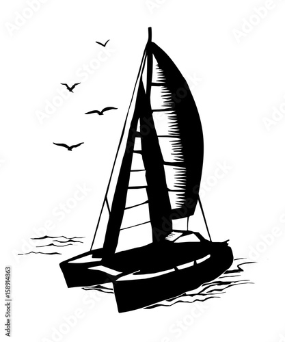 Catamaran sailboat monochrome silhouette